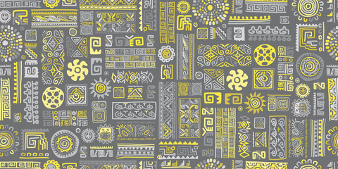Ethnic handmade ornament, seamless pattern. Trend Pantone color 2021 - yellow and grey