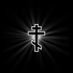 Orthodox cross on a black background with diverging rays of light.
