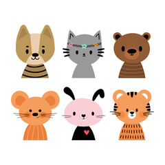 Cute cartoon animals for postcards, invitation, nursery, posters, t-shirt. Hand drawn characters of tiger, cat, dog, rabbit, bear and mouse