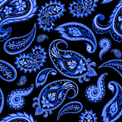 Set of paisley eastern outline mandala folk henna tattoo blue indigo textile texture fabric paper print  on black background by hand