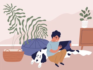 Boy using tablet PC and surfing internet at home. Happy kid sitting on floor in room, holding gadget, looking at screen and playing online games. Colored flat vector illustration