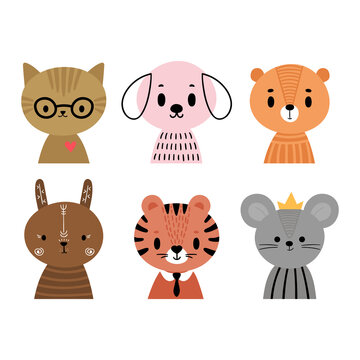 Cute cartoon animals for postcard, t-shirt, nursery, poster, invitation. Hand drawn characters of tiger, cat, dog, rabbit, bear and mouse