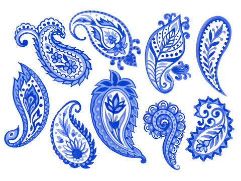 Set of paisley eastern outline flower and feather mandala folk henna tattoo blue indigo elements on white background hand