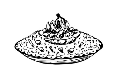 Simple hand-drawn vector drawing in black outline. Pilaf in a plate isolated on white background. A traditional oriental dish of rice, meat, pepper, garlic. National cuisine.