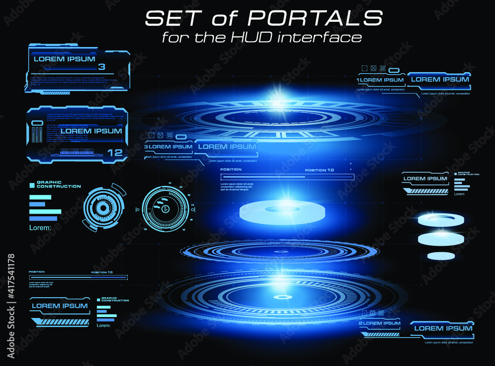 Poster hud user interface with holographic digital portal. set virtual interface elements on holographic di