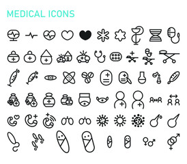 Fototapeta na wymiar Medical icons set. Collection of emergency vector elements for trendy design. Simple pictograms for mobile concept and web apps. Vector line medicine icons isolated on a white background.