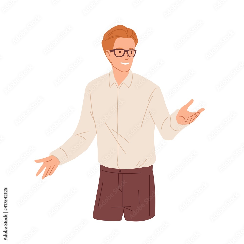 Poster happy young man presenting and explaining smth. confident smiling businessman in eyeglasses gesturin