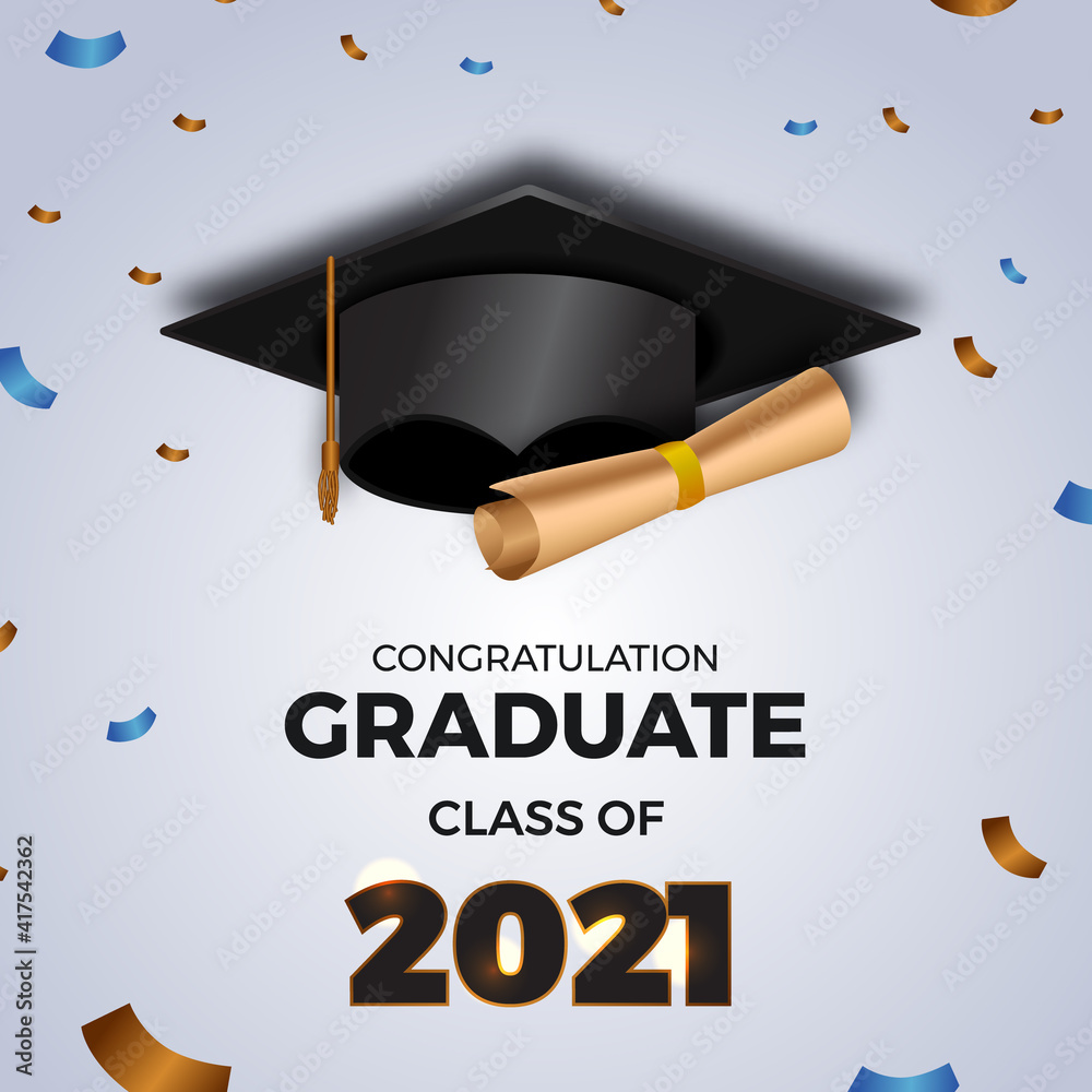 Wall mural luxury graduation party class of 2021 invitation card with graduation hat cap and paper flying confetti - Wall murals