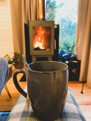 Chilling in front a fire with a tea in a cabin in the forest.