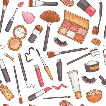 Fashion Glamour Makeup A Vector Hand Drawn Seamless Pattern.