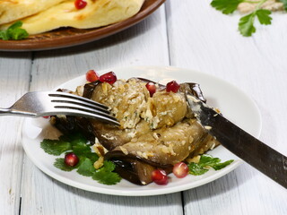 eggplants, chicken with rice and vegetables