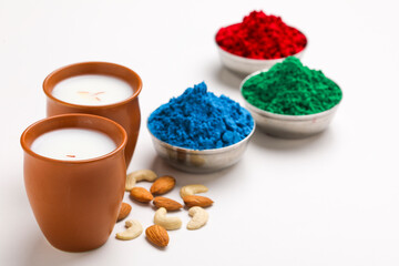 Obraz na płótnie Canvas Traditional Indian beverage, Holi festival food, Thandai Sardai milk drink with nuts,