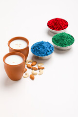 Traditional Indian beverage, Holi festival food, Thandai Sardai milk drink with nuts,