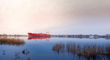 Seascape with Red Oil Tanker and Wild Water Grasses at the Industrial Harbor at Dawn