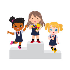 Cute girls in school uniform standing in podium as winner of gold, silver, and bronze medal. Flat vector design isolated