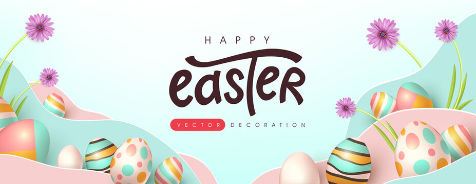 Easter banner background template with colorful eggs