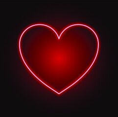 Bright neon light. Red neon heart vector illustration on dark brick wall. Glowing heart.