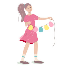 Young girl holding festive garland made of paper eggs. Festive illustration, can be used for spring and Easter design templates