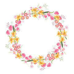 Floral wreath with daffodils and red tulips. Greeting template for festive cards, posters, Easter announcements.
