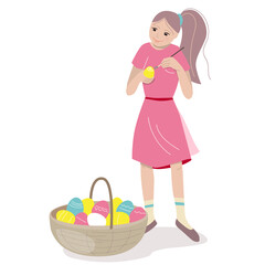 Young girl painting festive Easter eggs. Festive illustration, can be used for spring and Easter design templates