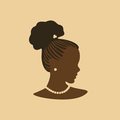 Young beauty african girl face in profile with pearl jewelry and braided hair in bun hairstyle, Vector fashion illustration, Pretty afro american female face
