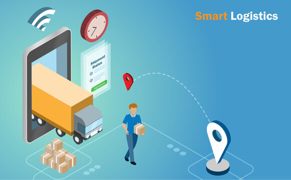 Global smart logistics. Deliveryman with truck and tracking status on mobile phone deliver shipment to customer. Logistic and transportation technology concept.
