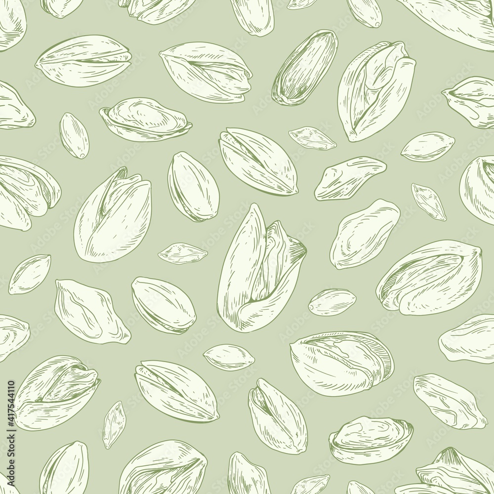 Poster Seamless repeatable pistachio pattern with open nuts and whole pistaches with shells. Monochrome design of endless texture. Hand-drawn vector illustration for wallpaper or wrapping