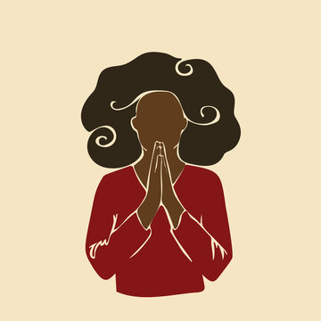 Abstract African Woman Praying With Hands Folded In Worship. Afro Black Skin Girl Curly Hair. Vector Illustration Silhouette Drawing Without Face