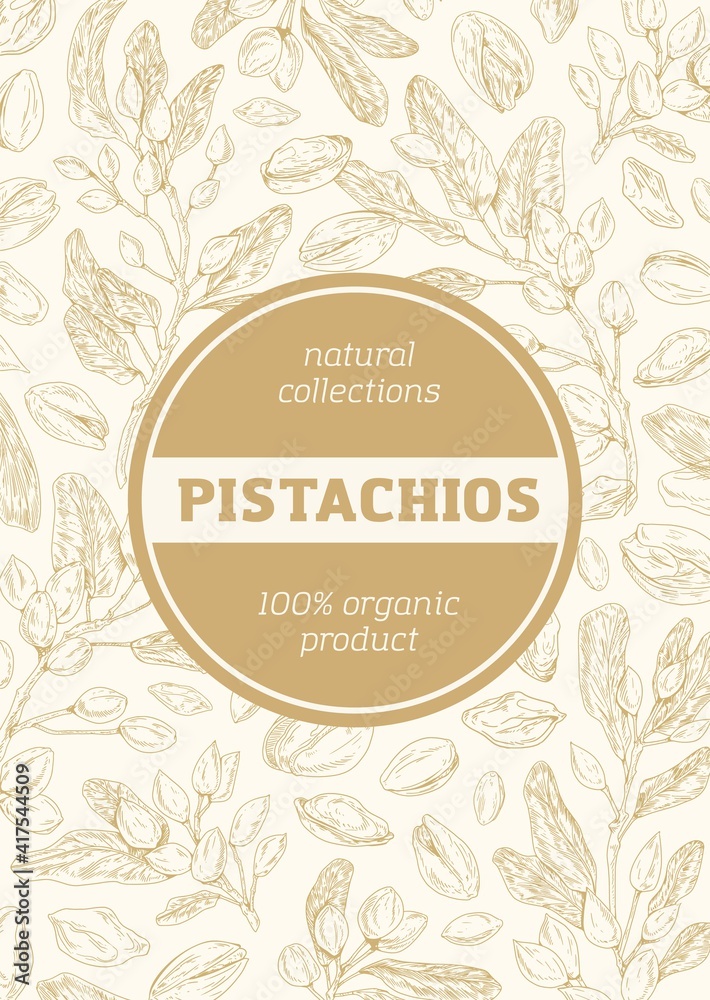 Poster monochrome background with pistachio pattern for packaging design. vertical packing template with br