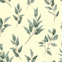 Watercolor seamless pattern with eucalyptus branches on a light background. Foliage, greenery, eucalyptus leaves. For textiles, wallpaper, invitations, greetings.