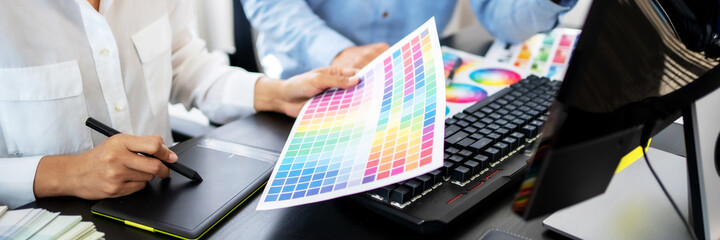 Graphic designer work with Color swatch samples Graphic Skill Concept. drawing sketches on graphic...