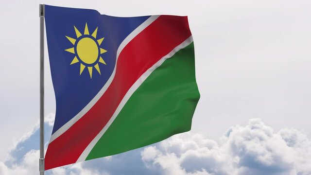 Namibia flag on pole with sky background seamless loop 3d animation
