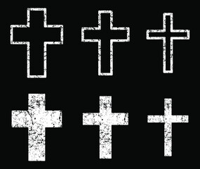 Cross vector shape symbol. Christianity sign with grunge texture. Christian religion icon. Catholic and protestant faith logo or image. Silhouette isolated on background.
