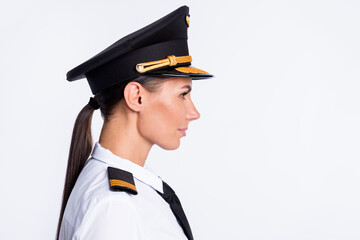 Profile photo of charming cool lady look empty space wear hat aviator uniform isolated white color...