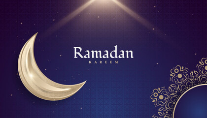 Obraz na płótnie Canvas Ramadan Kareem Greeting Card or Banner with Golden Moon, Mandala, and Glowing Light on Blue Background
