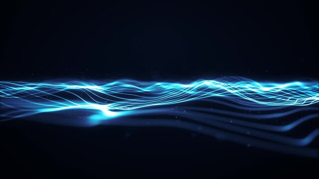 Abstract Mesh Wave Fx With Low Polygons Background Loop/ 4k animation of an abstract fractal digital background with glowing mesh lines and lens flare flickering and seamless looping