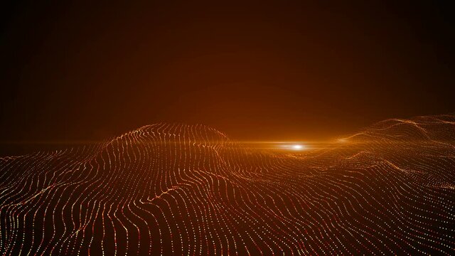Fly through spotted round particle dot mountain landscape. Big data, technology background concept in orange and red color color