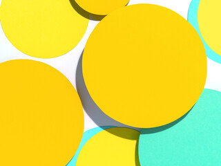 Background of yellow and cyan paper circles in memphis geometric style. Cut out circles styled layout with hard light and shadows. Vivid abstract background or template.