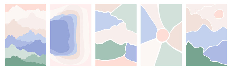 Fototapeta premium Abstract landscape modern background set with mountains, clouds, sunrise and sky. Mid century modern minimalist print. Scandinavian poster design in pastel colors. Vertical template boho illustration.