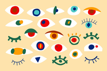 Eye abstract collection, geometric shapes in contemporary style. Vector set with look, eyes in modern collage style. Abstract shapes hand drawn illustration. Isolated