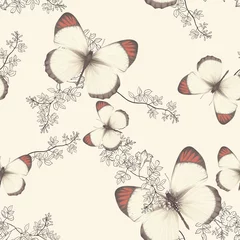 Fotobehang Animal seamless pattern, Colotis antevippe butterfly and flowers illustration on bright orange © momosama
