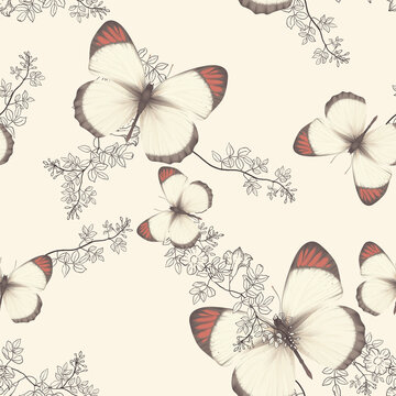 Animal seamless pattern, Colotis antevippe butterfly and flowers illustration on bright orange