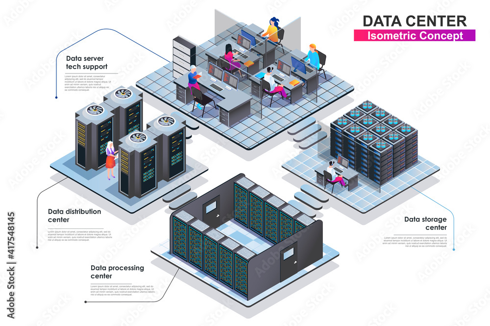Aufkleber Data center interior isometric concept. Scenes of people characters working in departments: server tech support, storage, distribution or processing centers. Vector flat illustration in 3d design