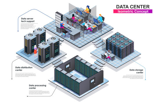 Data center interior isometric concept. Scenes of people characters working in departments: server tech support, storage, distribution or processing centers. Vector flat illustration in 3d design