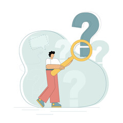 Question concept. A man holds a magnifying glass and examines through it at points of questioning. Frequently asked questions, inquiry, investigation, information retrieval. Vector flat illustration.