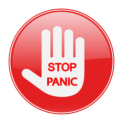 panic stop sign. red warning hand with text on a white background