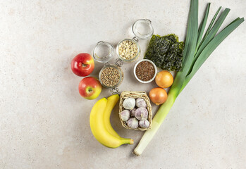 Variety of prebiotic foods for gut health, keto diet, sugar free, dairy free, healthy plant based vegan food. 