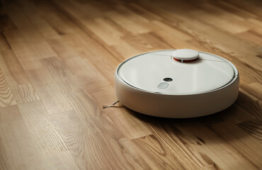 Vacuum Cleaner Robot on the Wooden Floor Parquet. Automatic Smart Home Gadget Dust Sucker Technology. Eco Concept with Copy Space. 