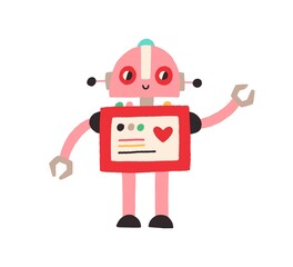 Cute happy robot with heart. Adorable baby character in doodle style. Colored flat cartoon vector illustration isolated on white background