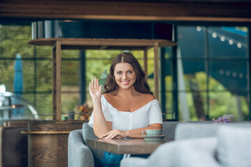 Cute woman waving hand while sitting in cafe